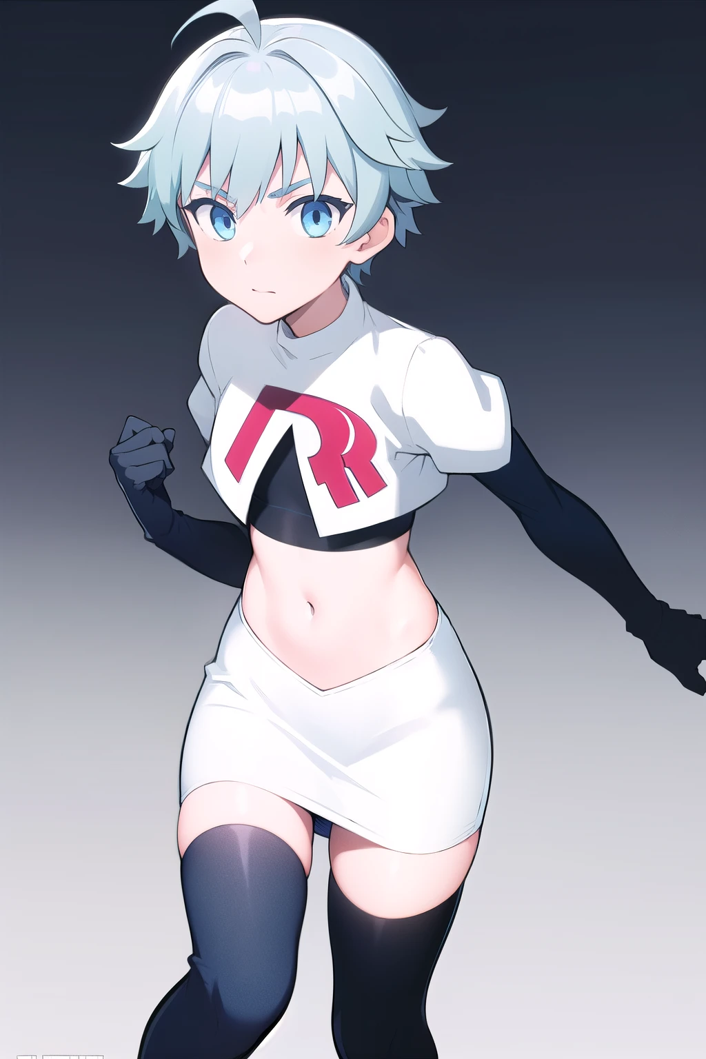 masterpiece, absurdres, male focus, trap, crossdressing,1boy,  chongyun,light blue hair, ahoge,blue eyes, team rocket,team rocket uniform,white skirt,red letter R,crop top,black thigh-highs,black elbow gloves