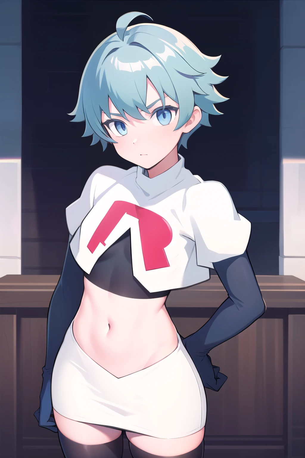 masterpiece, absurdres, male focus, trap, crossdressing,1boy,  chongyun,light blue hair, ahoge,blue eyes, team rocket,team rocket uniform,white skirt,red letter R,crop top,black thigh-highs,black elbow gloves