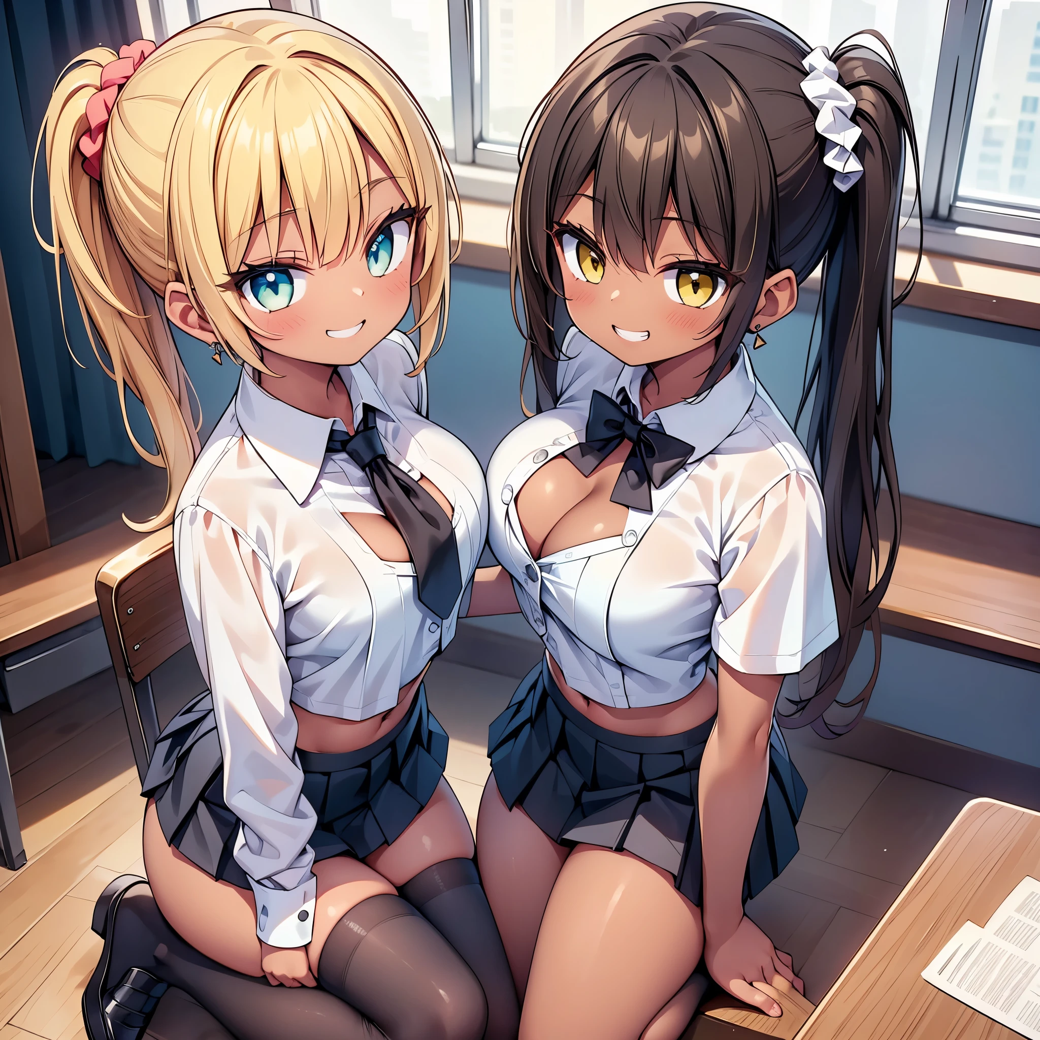 (cute eyes:1.2), (sparkling eyes:1.2), (8K、Best image quality、highest quality、masterpiece)、Detailed face、(2 girls)、Improve、((Brown Skin:1.3))、blonde、Low Ponytail、Scrunchie、Yellow Eyes、Earrings、Wicked Smile、((Grin))、 (skinny body:1.3), (midium :1.1)、((White collared shirt))、(cleavag:1.2), (crop top navel), Cleavage、((Blacd skirt))、((mini skirt))、White socks、loafers、Sit on a chair、whole body、Taken from above、Classroom Background、 (black stockings:1.1), (Thighs), (Waistline),(from above:1.1)