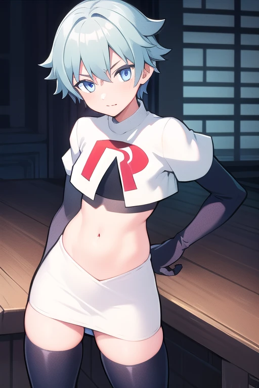 masterpiece, absurdres, male focus, trap, crossdressing,1boy,  chongyun,light blue hair, ahoge,blue eyes, team rocket,team rocket uniform,white skirt,red letter R,crop top,black thigh-highs,black elbow gloves