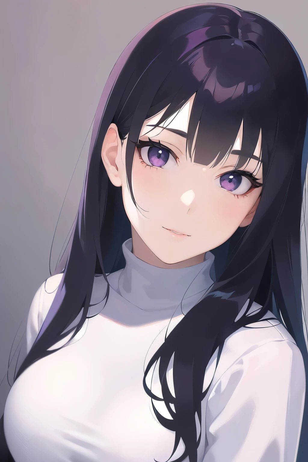 head tilt、Real person, (Pale skin: 1.2), RAW Photos, Realistic, Portrait Photography, Shiny skin, Shiny Hair、(A 25-year-old woman with straight hair and bangs) and (medium hair) and (black hair) and (purple eyes) , in white turtleneck shirt, smile, The background is the office、Are standing