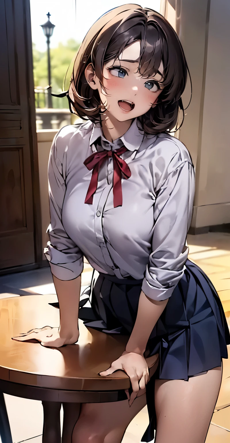 (depicting a single moment from a anime for adults), ((pleated skirt, ribbon, round face, eyes with realistic sizing, drooping eyes, blush, shame smile, thin lips, spread legs)), (((standing and straddling to hit her crotch against the corner of the table for self pleasure))), open mouth, (outside, on the sidewalk, terrace table),