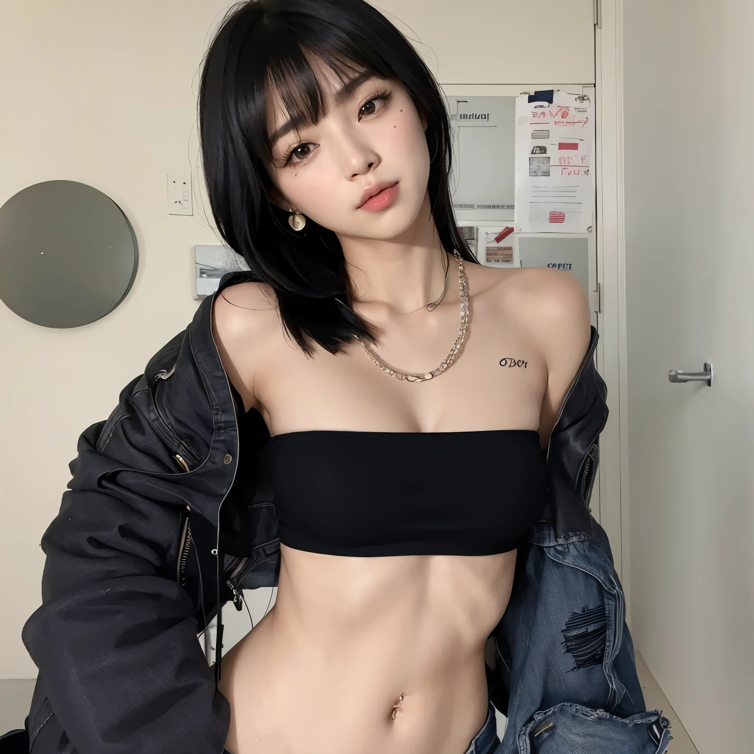 Arafed asian woman in a black top and jeans posing for a photo, foto de magra, foto de modelo de slim, 2 Modelo feminina de 4 anos, her navel is exposed, Modelo do Instagram, peito achatado, Xintong Chen, de taiwanesa com tatuagens, she is wearing a black tank top, Ulzzang, usando um top cropped sexy