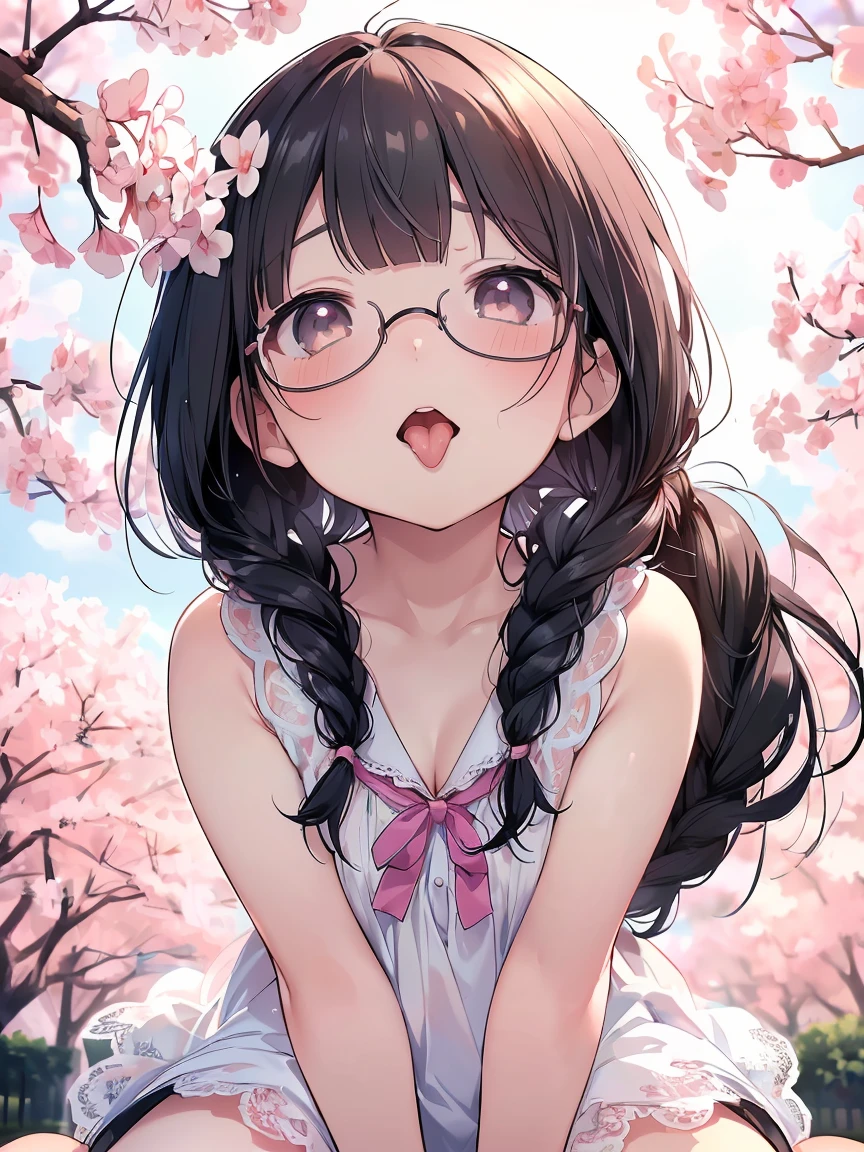 Very detailed, highest quality, High resolution, Moe Anime, ((A cute elementary school girl with black hair and droopy eyes)), ((Wearing large round glasses:1.4)), (Baby Face), Cute eyes, Detailed eye depiction, Sparkle in the eyes, View your viewers, Pale skin, (Big eyes:1.4, Droopy eyes:1.4, Fatty face:1.4), smile, Focus on the face, In the park with cherry blossoms falling, Sitting, (Extreme close up of tongue), (((From below))), Open your mouth, (((Face only:1.3))), ((white lace sleeveless dress)), Bright Eyes, Light from the front, (Put your hands between your legs:1.4), large and long tongue, Cleavage, Braided Hair, Pink ribbon