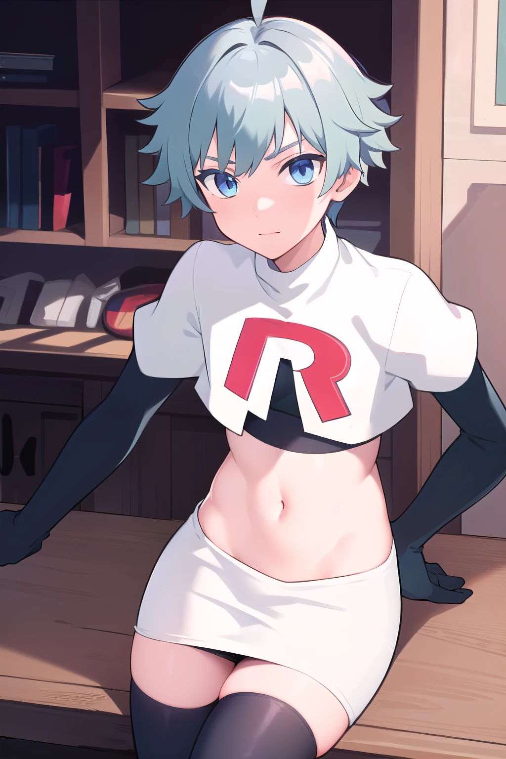 masterpiece, absurdres, male focus, trap, crossdressing,1boy,  chongyun,light blue hair, ahoge,blue eyes, team rocket,team rocket uniform,white skirt,red letter R,crop top,black thigh-highs,black elbow gloves