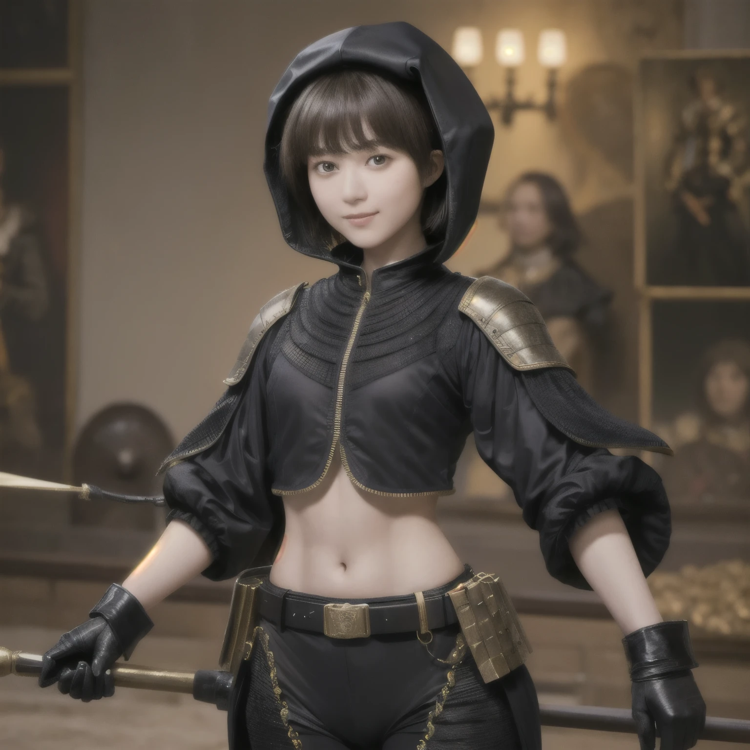 223 Short Hair, 20-year-old woman, A kind smile, (Luxurious stables), (Rembrandt-style painting), ((machinery suit,Clothes with short sleeves)),I can see your abs