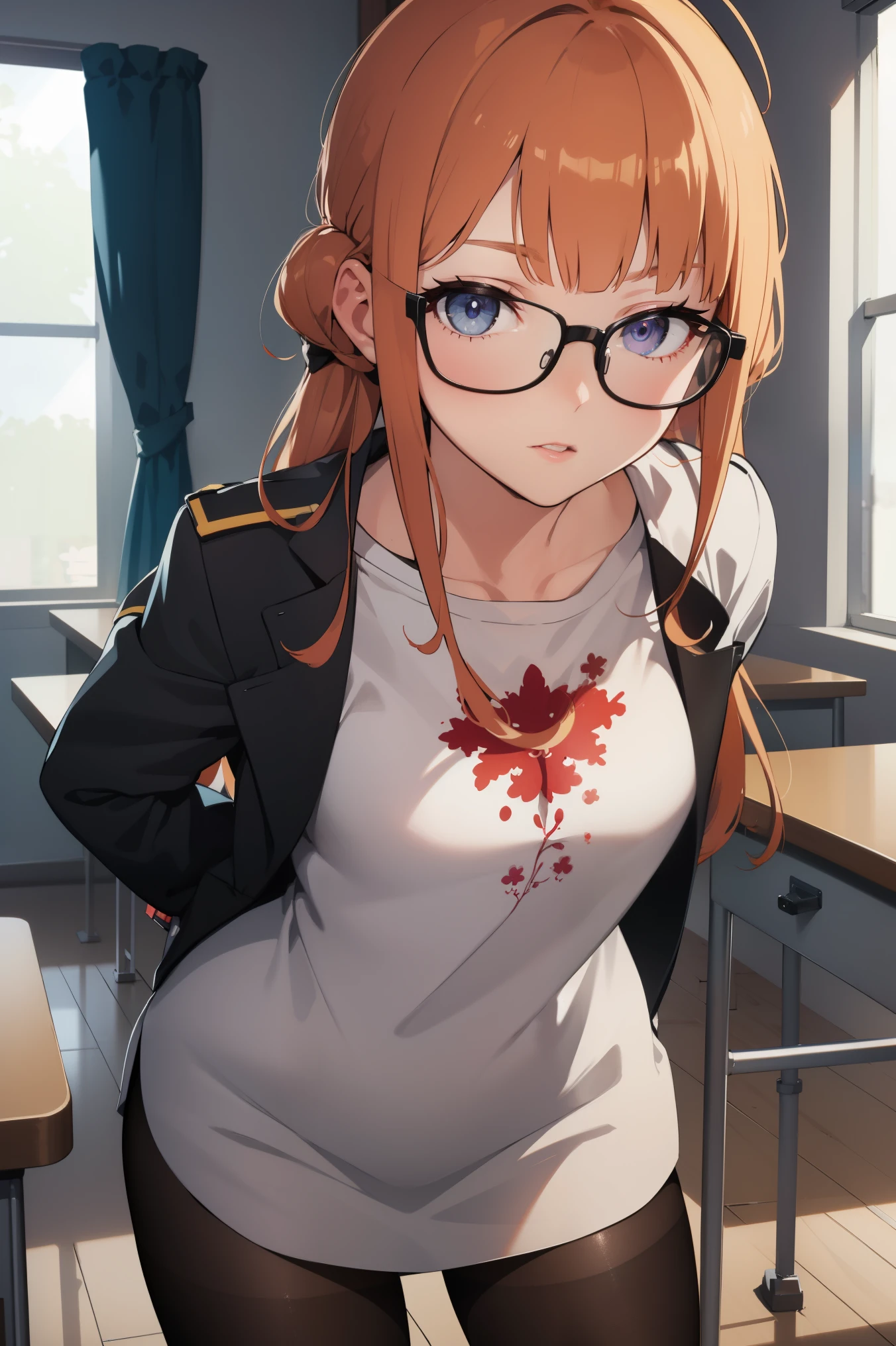 futabasakura, futaba sakura, orange hair, glasses, long hair, (purple eyes:1.1), ahoge,
BREAK military uniform, military,jacket,blue and white uniform,Skirt, (black_pantyhose:1.3),
BREAK looking at viewer,standing, leaning forward, arms behind back,
BREAK indoors, classroom,
BREAK (masterpiece:1.2), best quality, high resolution, unity 8k wallpaper, (illustration:0.8), (beautiful detailed eyes:1.6), extremely detailed face, perfect lighting, extremely detailed CG, (perfect hands, perfect anatomy),