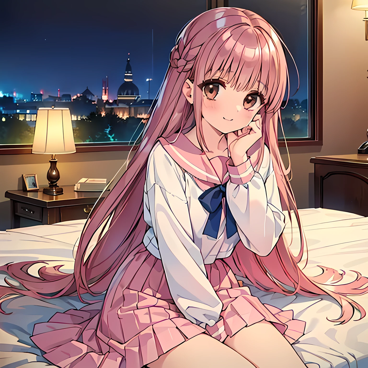 highest quality, (masterpiece:1.2), Very detailed, ((Very beautiful grown-up girl１A person is sitting on a bed, smiling sweetly and seductively, trying to please the viewer)), ((16 years old)), (((Beautiful long, very shiny peach-colored hair))), She has a big yellow ribbon in her hair., ((Pink sailor suit)), ((Pink pleated long skirt)), silk light pink blouse, puffed sleeves with ivory ribbon on sleeves, Smiling, ((((Very beautiful and bright brown eyes)))), ((Cute and very long eyelashes)), laughing, Big yellow ribbon bowtie, ((An elegant and gentle expression like a noble princess)), ((The white light illuminates her face, her beautiful expression and her beautiful hair.))