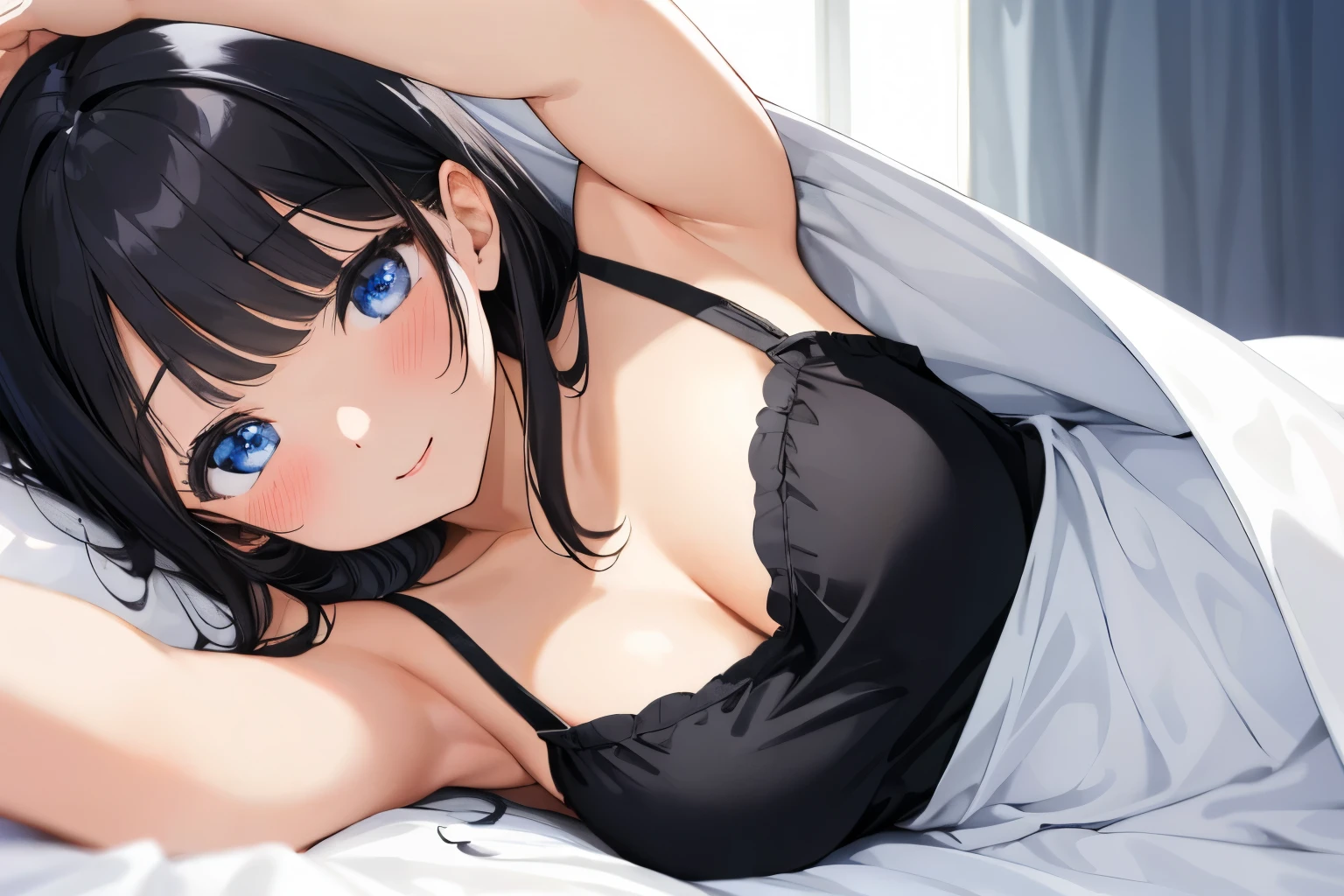 Masterpiece、highest quality、1 female、Super detailed Black Hair、bangs Blue Eyes、Detailed depiction of the eyes Smiling、blush camisole Face is close、Facial Close-up、Bring your face closer Sheetsに横になる、Spread your shoulders、Put your hand here、Spread your arms、Spread your arms Sheets