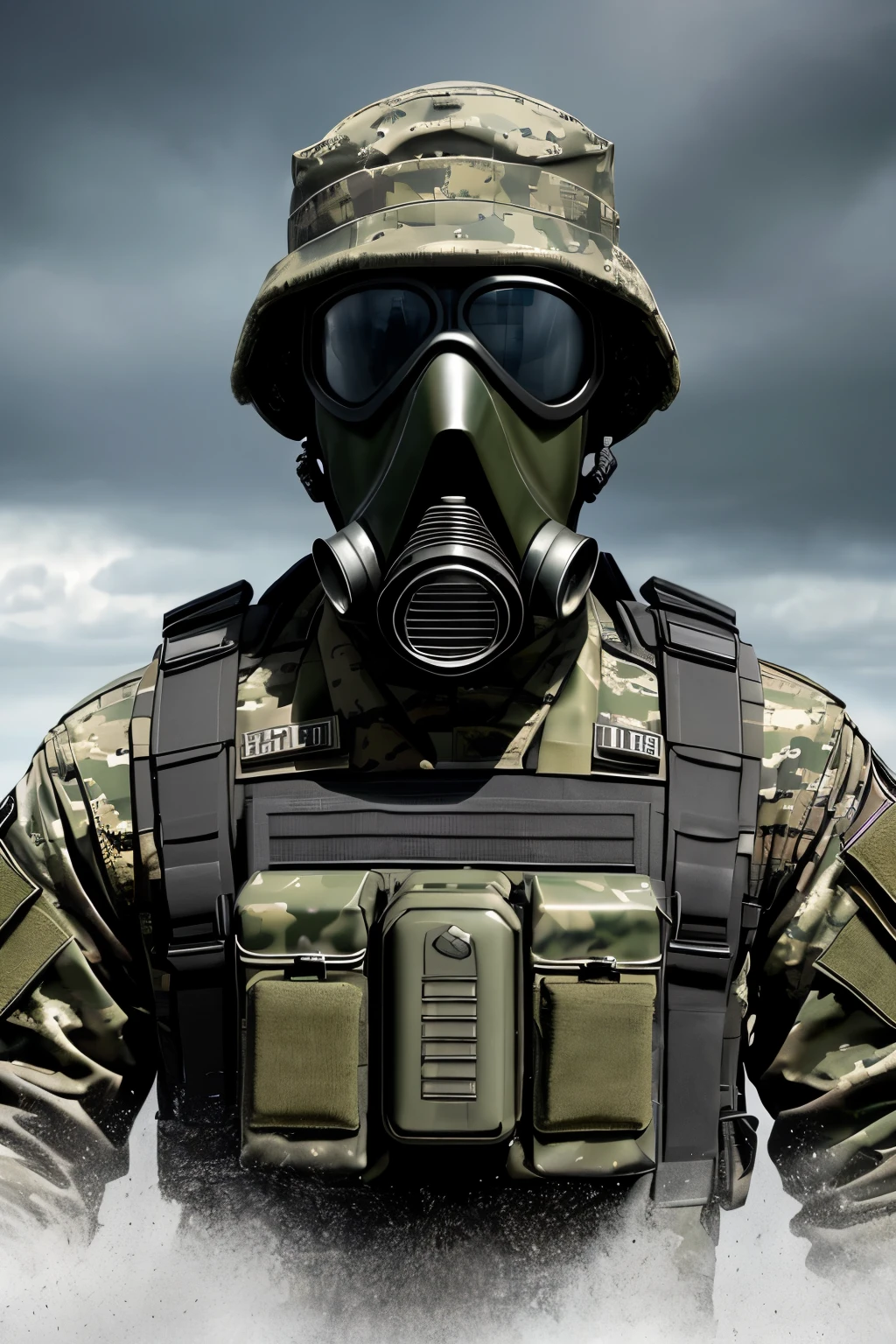A military man clad in camouflage uniform and donning a menacing gas mask, his intense gaze fixed on the horizon. The gas mask, with its dark tint and intricate filtration system, amplifies the intimidating aura of the man beneath. His facial features, although obscured, are rendered in hyper-realistic detail, highlighting the veins and textures of his skin. The image, captured in the highest resolution, exudes a sense of foreboding and imposing presence. This ultra-realistic masterpiece of military intensity will leave you in awe. (Realism: 1.5), (Suspenseful: 1.3), (Profess