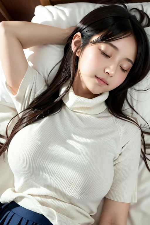 A  Japanese girl sleeping on her back in bed,Big breasts,White turtleneck sweater,Short sleeve,Maxi Skirt,Black Hair,Long Hair,(masterpiece:1.4),(highest quality:1.4),Close-up,Yoshitomo Nara,mayuri shiina, Beautiful Japanese girl face,Beautiful Asian Girl, yasumoto oka,Asleep in bed