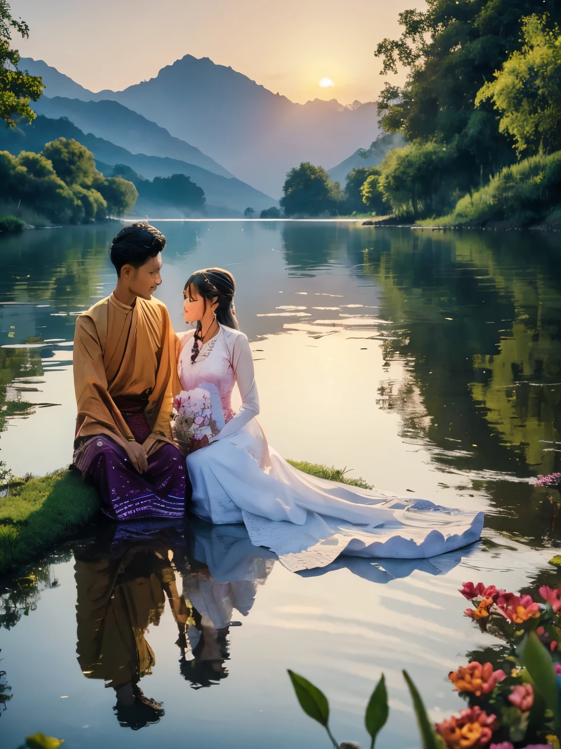 a couple in traditional Myanmar outfits,enjoying a romantic sunset on a lakeside
painting,rich colors,vibrant brushstrokes
watercolor technique,impressionistic style
detailed patterns on traditional garments and accessories
lush greenery and blooming flowers in the background
reflection of the couple on the calm lake surface
best quality,high-res,professional artwork
soft warm lighting,casting a gentle glow on the scene