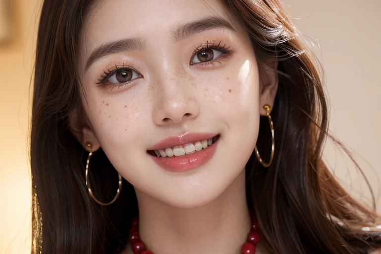 1 girl, 23 years old, south korean, idol, masterpiece, perfect face, soft skin, freckles under eyes, long whavy brown hair, shining bright purple eyes, red eyeliners, gold necklase, round earrings, red lips, big smile, perfect teeth, natural makeup, soft lighting, bright colors, face focus, portrait, face closeup.