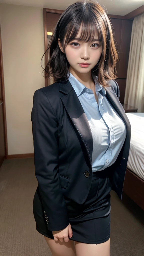 muste piece, best quality, illustration, Super detailed, fine details, High resolution, 8K,wall paper, perfect dynamic composition,(Details High quality, realistic depiction of eyes:1.3), short hair, (wavy hair:1.2), Office Lady, ,Suit,Collared shirt, Black Suit,Black jacket, huge breasts, black hair color, Big Natural Color Lip, bold sexy pose, crying a little、cold gaze, Harajuku style、20 year old girl、cute type、ta、beautiful legs, hotel room, full body photo、focus on crotch, hposing Gravure Idol, Sexy shot looking at camera, make up, Curve