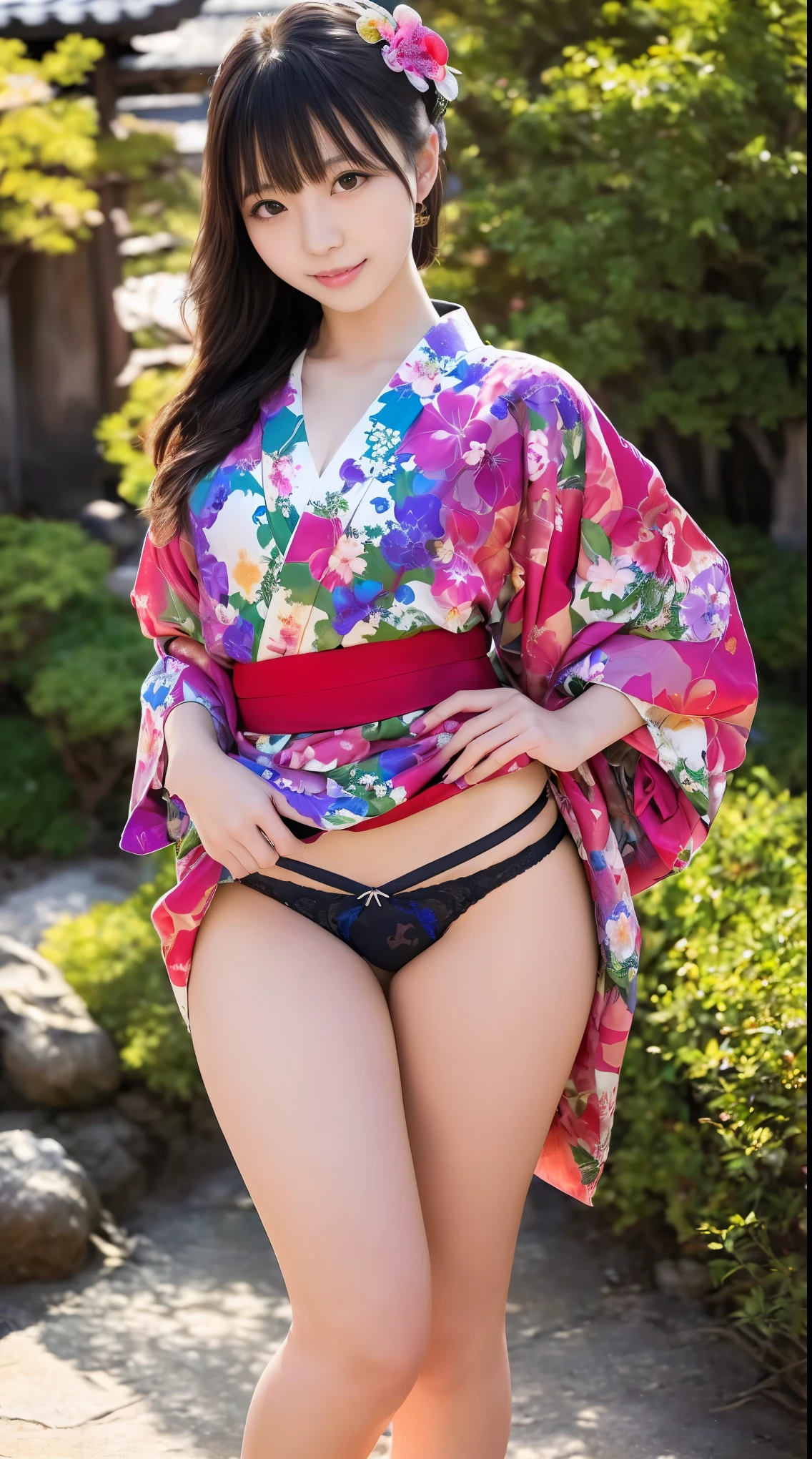 最high quality、high quality、Best image quality、8k、最High resolution、High resolution、最high quality、masterpiece、RAW Photos、whole body写真、Detailed and realistic human body、Detailed and realistic skin、Realistic face in every detail、Detailed and realistic eyes、Detailed and realistic lips、Detailed and realistic teeth、Detailed and realistic ears、Detailed and realistic hair、Detailed and realistic weapons、Realistic reproduction of every detail、Realistic fingers in every detail、(Beautiful Hands、thumb1reference4)、Realistic feet down to the last detail、((Beautiful Japanese Girl))、(Japanese Model)、((18 year old beautiful girl))、(Black Hair)、(Straight hair)、((whole body))、(Slim and perfect figure)、(whole body光沢肌、Fair skin)、Detailed and realistic human body、Detailed and realistic skin、Realistic face in every detail、Detailed and realistic weapons、Realistic fingers in every detail、Detailed realistic feet、Soft natural light、(Maiko-san、geisha、kimono、Long-sleeved kimono、yukata、Japanese tradition、Samurai Residence、Japanese garden、((Colorful floral pattern(丈が短いkimono))、((kimonoめくり(kimonoの裾を上げる))、((Beautiful thighs(Sexy panties visible))