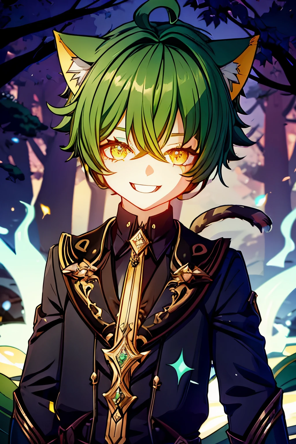 Boy, male, , 10 years old, short green hair, cat ears, yellow eyes, dilated pupils, smile, fangs, mouth open, tongue out, forest, midnight, glowing eyes.
