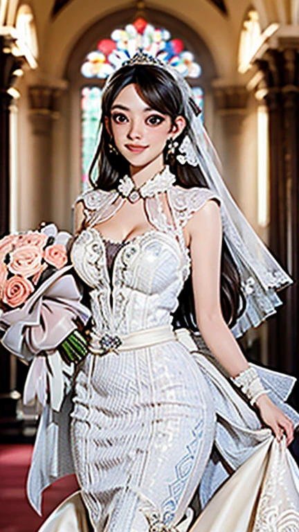 (best quality, 8k, 32k, masterpiece, Ultra HD:1.2), Beautiful bride, Similar to Audrey Hepburn, (Beautifully detailed wedding dresses and veils:1.5), (Holding a bouquet:1.5), Symmetrical face, Looking at the audience awkwardly, Just a smile, Standing in the church, cinematic lighting 8k wallpaper, best quality,((Mature female ,,Sagging breasts、Cleavage, cleveage、 Curvy beauty, Perfect body) 