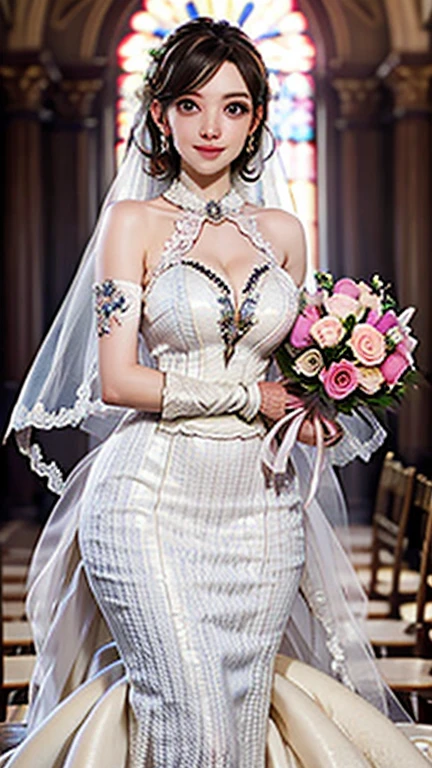 (best quality, 8k, 32k, masterpiece, Ultra HD:1.2), Beautiful bride, Similar to Audrey Hepburn, (Beautifully detailed wedding dresses and veils:1.5), (Holding a bouquet:1.5), Symmetrical face, Looking at the audience awkwardly, Just a smile, Standing in the church, cinematic lighting 8k wallpaper, best quality,((Mature female ,,Sagging breasts、Cleavage, cleveage、 Curvy beauty, Perfect body) 