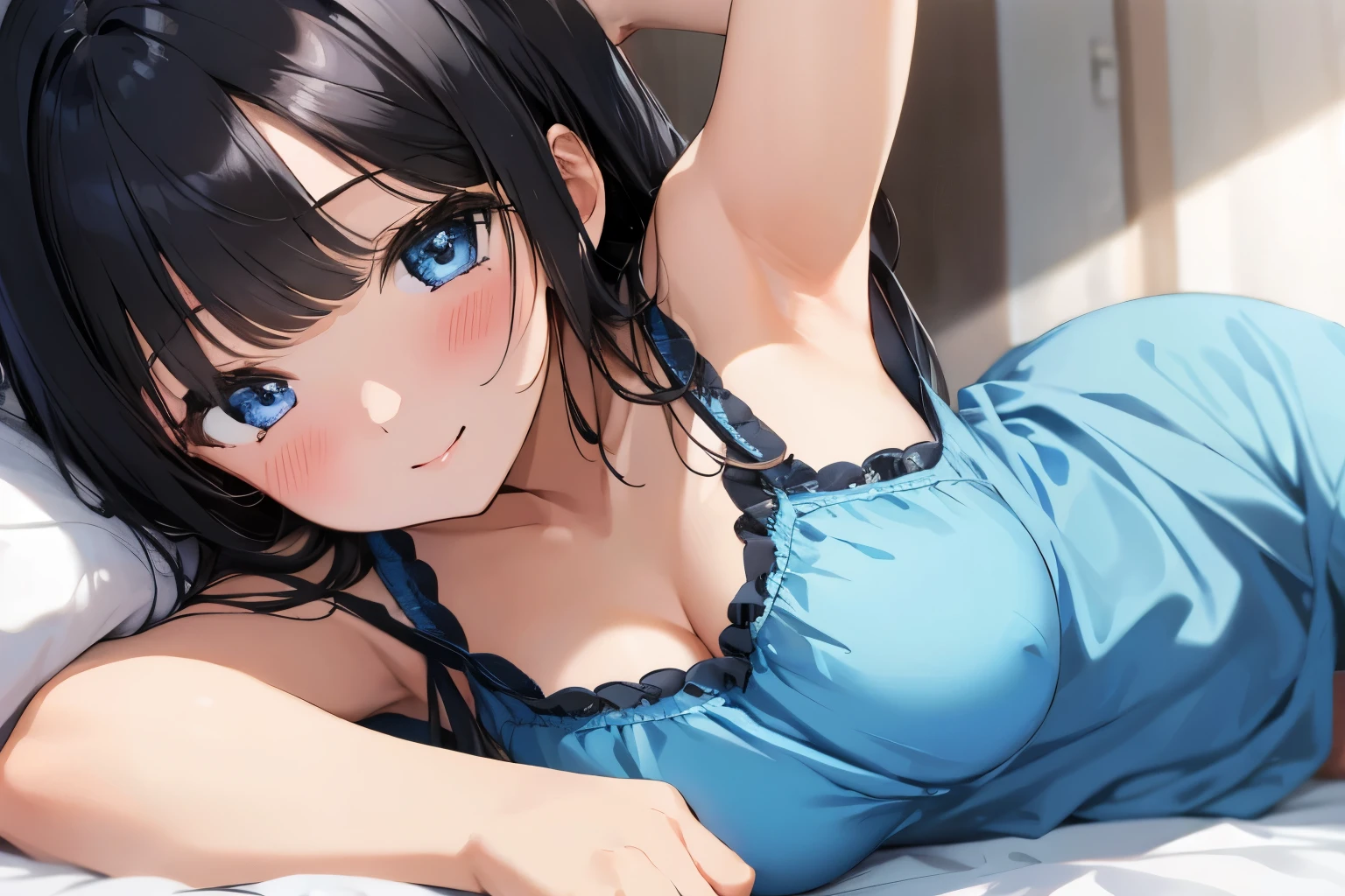 Masterpiece、highest quality、1 female、Super detailed Black Hair、bangs Blue Eyes、Detailed depiction of the eyes Smiling、blush camisole Face is close、Facial Close-up、Bring your face closer Sheetsに横になる、Spread your shoulders、Put your hand here、Spread your arms、Stretch your arms out towards me Sheets