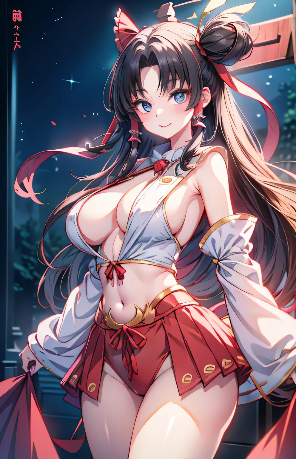 Anime illustration、highest quality、Reimu Hakurei、Karasutengu、Perfect proportions、Large-scale shrine、Large Torii Gate、overwhelmingly big breasts、very thick thighs、Beautiful, shining eyes、Cowboy Shot、smile、Noise Reduction