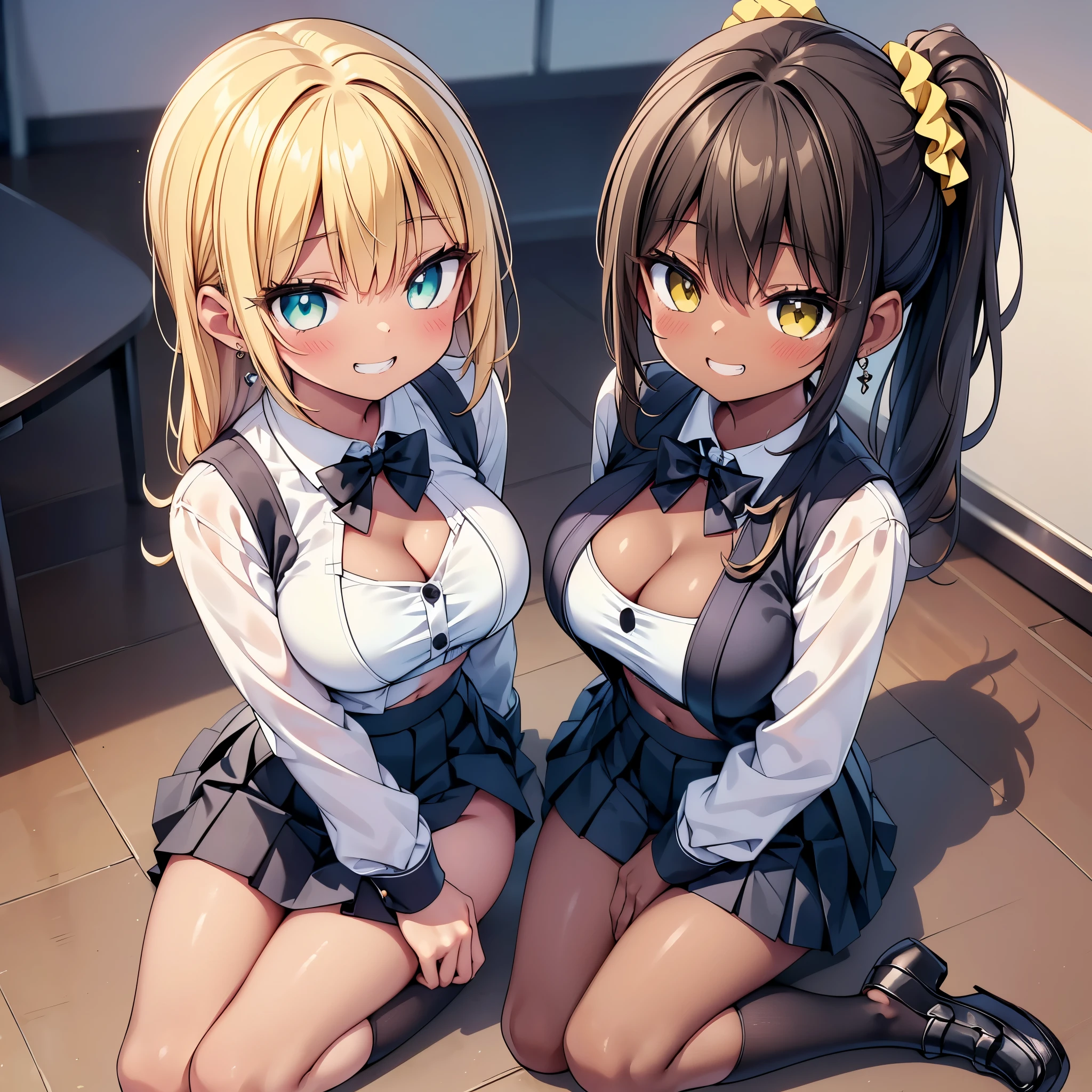 (cute eyes:1.2), (sparkling eyes:1.2), (8K、Best image quality、highest quality、masterpiece)、Detailed face、(2 girls)、Improve、((Brown Skin:1.3))、blonde、Low Ponytail、Scrunchie、Yellow Eyes、Earrings、Wicked Smile、((Grin))、 (skinny body:1.3), (midium breasts:1.1)、((White collared shirt))、(cleavage cutout:1.2), (crop top navel), Cleavage、((Black pleated skirt))、((mini skirt))、White socks、loafers、Sit on a chair、whole body、Taken from above、Classroom Background、 (black stockings:1.1), (Thighs), (Waistline),(from above:1.1)