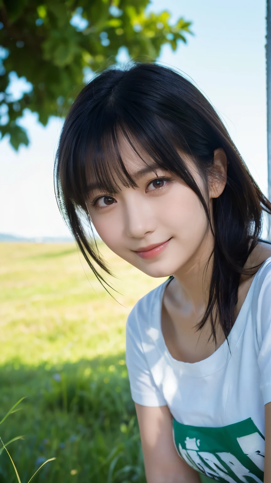 (highest quality,masterpiece:1.3,Ultra-high resolution),(Very detailed,Caustics,8k),(Realistic:1.4,RAW shooting),18-year-old,cute,Japanese,Medium black hair,(White T-shirt),(smile),Looking at the camera,blue sky,sun,Backlight,(Top of the Hill),(Tall green grassland:1.1),(Standing in the grassland),(Ground level shot:1.1),(Waist up shot),(Face Focus),(Face close-up),(Low position:1.2),(Low Angle:1.2),Natural light