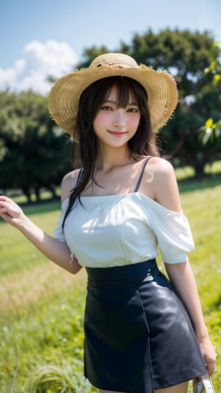 ((Whole body 1.4)),(highest quality,masterpiece:1.3,Ultra-high resolution),(Very detailed,Caustics,8k),(Realistic:1.4,RAW shooting),18-year-old,cute,Japanese,Straw hat,Black hair medium hair,(Strong winds:1.1),(Hair blowing in the wind:1.1),(White off-shoulder),Cleavage,(mini skirt),(smile),Looking at the camera,blue sky,sun,Natural light,(overgrown with tall grass),(Green grassland:1.1),(Standing in the grass:1.1),