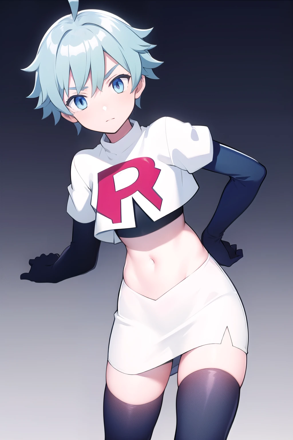 masterpiece, absurdres, male focus, trap, crossdressing,1boy,  chongyun,light blue hair, ahoge,blue eyes, team rocket,team rocket uniform,white skirt,red letter R,crop top,black thigh-highs,black elbow gloves