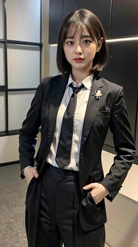 (8k、RAW Photos、highest quality、masterpiece:1.2)、(Realistic、Realistic)、1 girl、((large Black suit、tie、、、uniform、、View from the front、Cute Costumes、Standing with hands on hips))