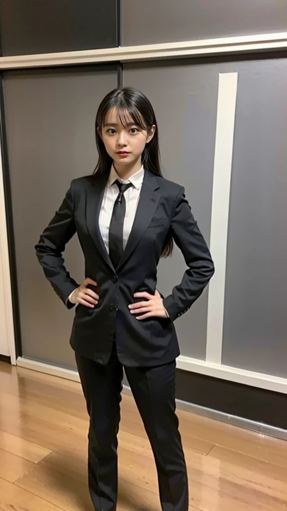 (8k、RAW Photos、highest quality、masterpiece:1.2)、(Realistic、Realistic)、1 girl、((large Black suit、tie、、、uniform、、View from the front、Cute Costumes、Standing with hands on hips))