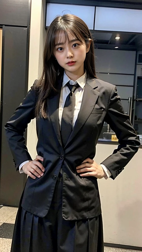 (8k、RAW Photos、highest quality、masterpiece:1.2)、(Realistic、Realistic)、1 girl、((large Black suit、tie、、、uniform、、View from the front、Cute Costumes、Standing with hands on hips))