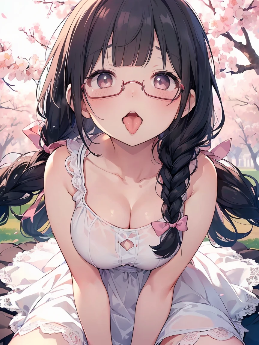 Very detailed, highest quality, High resolution, Moe Anime, ((A cute elementary school girl with black hair and droopy eyes)), ((Wearing large round glasses:1.4)), (Baby Face), Cute eyes, Detailed eye depiction, Sparkle in the eyes, View your viewers, Pale skin, (Big eyes:1.4, Droopy eyes:1.4, Fatty face:1.4), smile, Focus on the face, In the park with cherry blossoms falling, Sitting, (Extreme close up of tongue), (((From below))), Open your mouth, (((Face only:1.3))), ((white lace sleeveless dress)), Bright Eyes, Light from the front, (Put your hands between your legs:1.4), large and long tongue, Cleavage, Braided Hair, Pink ribbon