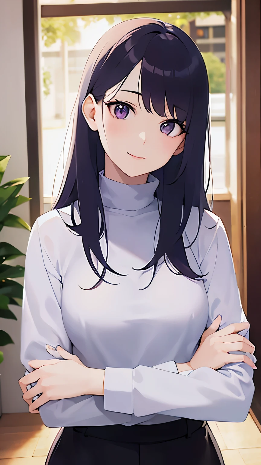 upper body、head tilt、Real person, (Pale skin: 1.2), RAW Photos, Realistic, Shiny skin, Shiny Hair、(A 25-year-old woman with straight hair and bangs) and (medium hair) and (black hair) and (purple eyes) , in white turtleneck shirt, smile, The background is the office、Are standing