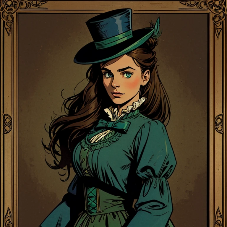 Young beautiful victorian girl with long brown hair in a bun and green eyes. Wearing a blue victorian dress and a top hat with a feather.