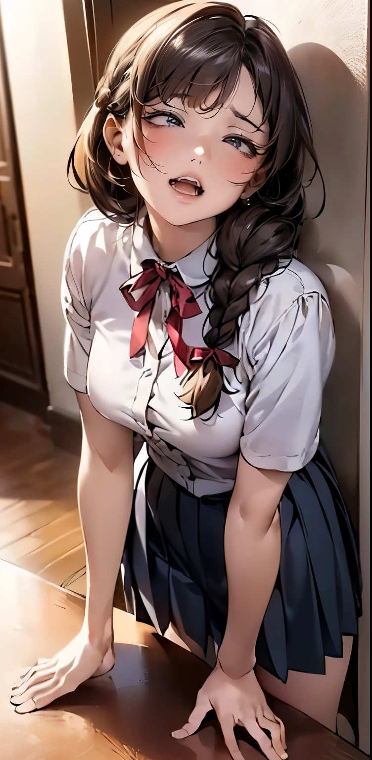 (depicting a single moment from a anime for adults), ((braid, glasses, pleated skirt, ribbon, round face, eyes with realistic sizing, drooping eyes, blush, shame smile, thin lips, spread legs)), (((standing and straddling to hit her crotch against the corner of the table for self pleasure))), open mouth, (outside, on the sidewalk, terrace table),