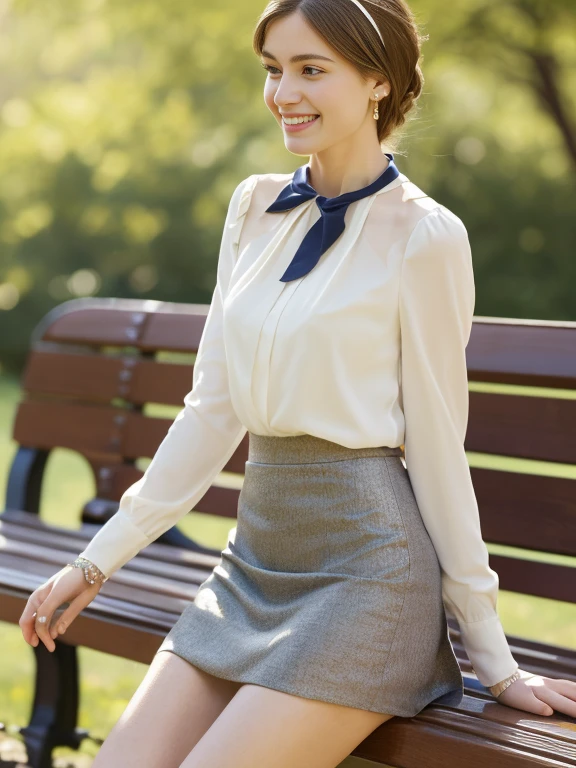 ((whole body)), ((From the side)), ((sitting on a park bench, Thin legs)), ((Realistic)), One girl, View your viewers, Detailed Scene, Carly, Air Van, Beautiful hair accessories, Brownish yellow hair, slim, ((White blouse, Short black tight skirt, Neck Bow Tie, High heels)), (Campus Style), Warm Light, Warm color palette, Detailed explanation, Very detailed, (masterpiece, highest quality), (Very delicate and beautiful work), Delicate earrings, Delicate necklace, Simple blur background, Very detailed explanation, Ultra-fine painting, Delicate face, slim toned body, (smile, Bare your teeth), (ultra-Realistic realism)