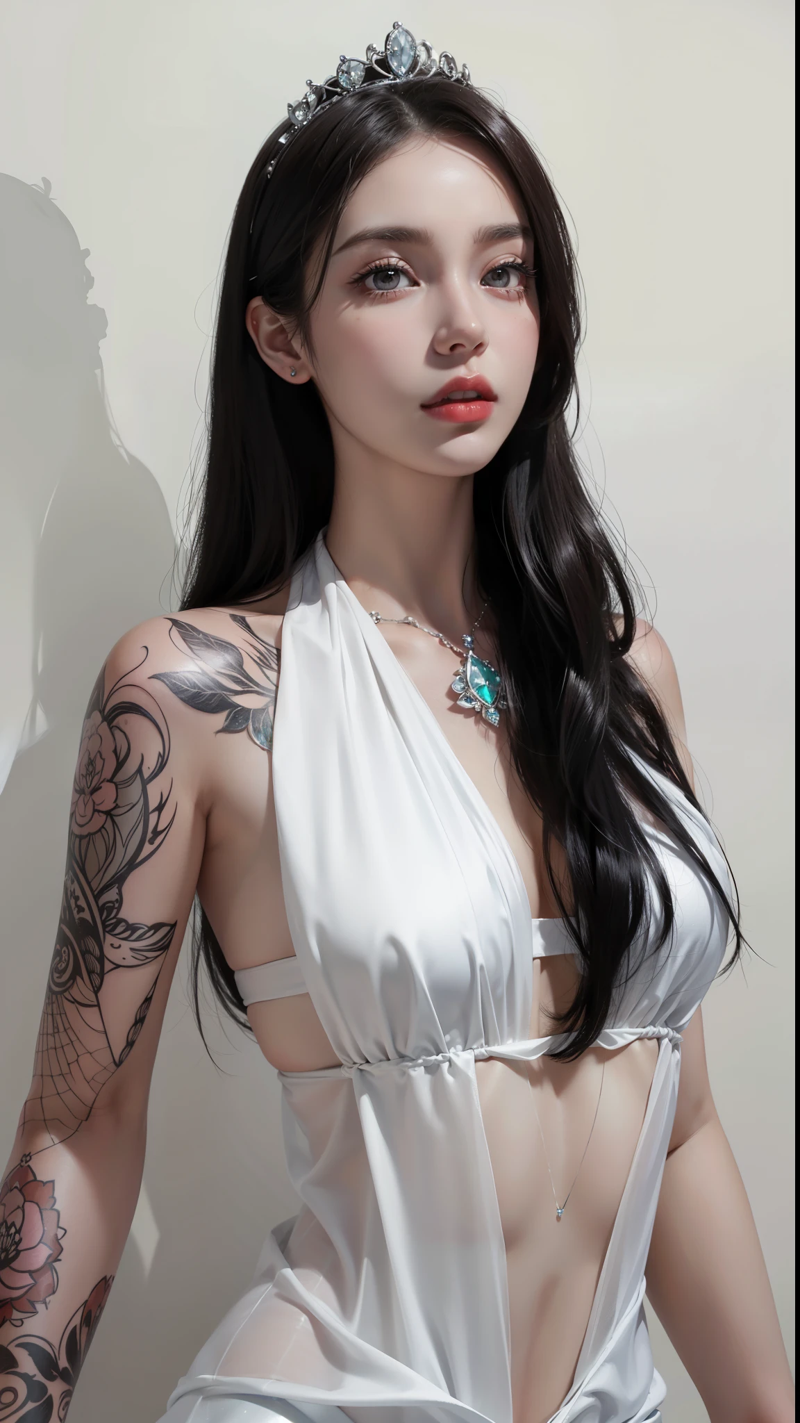 Super detailed, Delicate face, Photorealistic style, Movie stock photography shadow , Colorful, Surreal, Realistic textures, Dramatic Lighting, Thin Film Distiller 800 (8k, original photo, better quality, masterpiece: 1.2), Super detailed, (Extremely delicate skin: 1.2), 8k ultra high definition, SLR camera, Soft Light, high quality, Frozen queen,ice castle,Blue pupils,Apply red lipstick,Tattoo,Tattoo女神,带有Tattoo图案,Ultra-clear portrait,Apply lipstick,Wearing necklace jewelry,apply lipstick,Wear heavy makeup,breasts symmetrical,The facial texture is very clear,身上有精致的Tattoo
