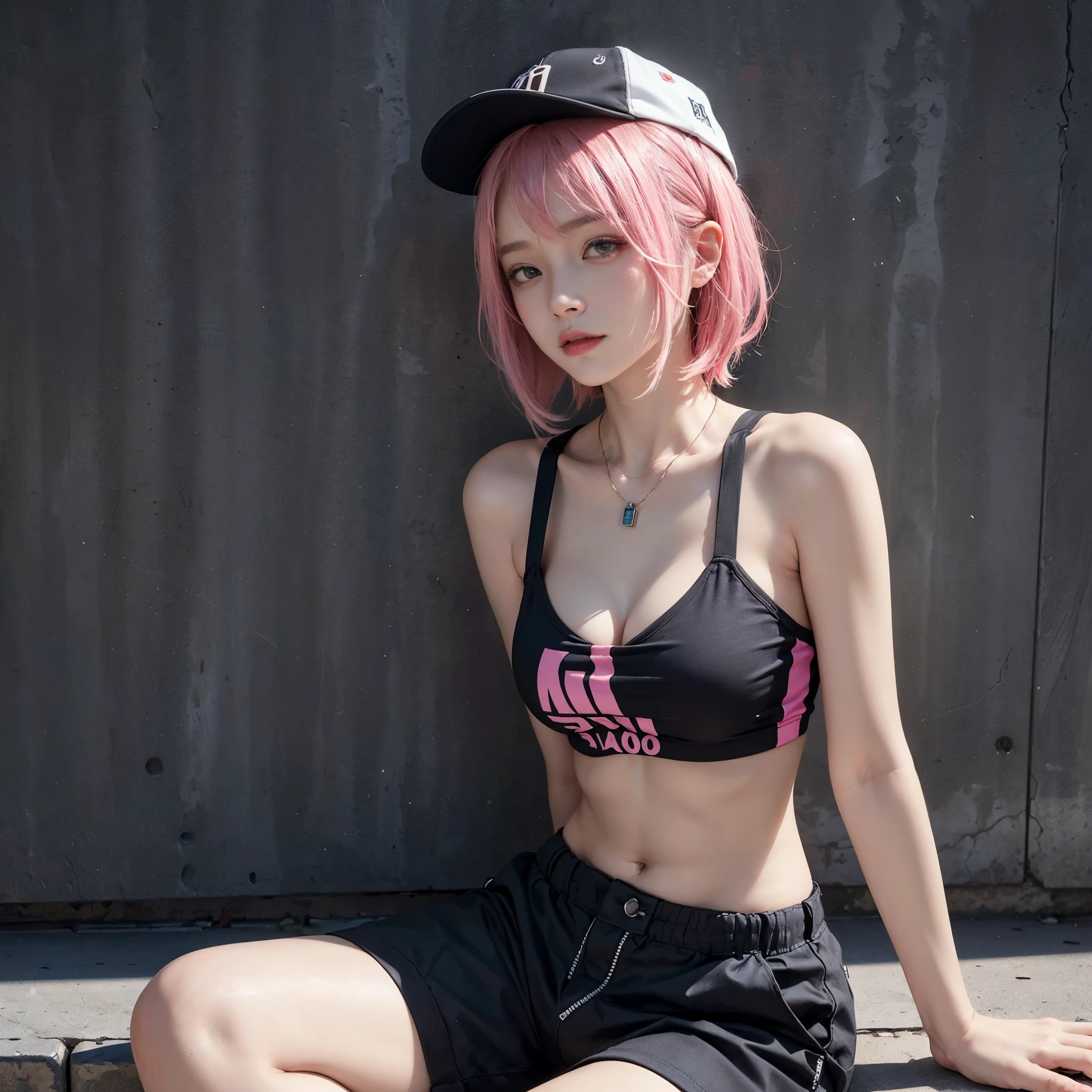 ((1 Girl Solo)), (1 Sexy Woman, gal girl, Pink Hair, Short Hair, waved hair, baseball cap:1.4), (Sexy woman, UpperBody shot, Sitting:1.3), ((anatomically correct)), (black T-shirt:1.2), (baggy cargo shorts:1.2), (Futuristic Portrait), (City, Street, lean against a wall:1.4), (Close-Up:1.2), Rim Lighting, Cinematic Light, Smile, no futuro telhado de luz neon, SSCI - FI e Fantasia, intrincado e muito bonito e elegante, altamente detalhado, pintura digital, art-station, arte conceitual, smooth and sharp focus, illustration, Arte de Tan Zi e Ayanamikodon e Alphonse Mucha e Wlop