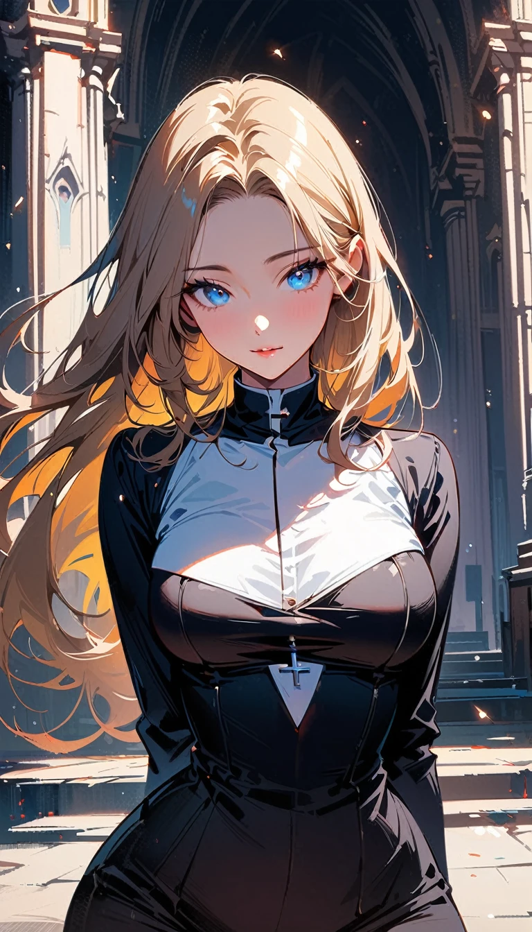 (high quality, 8k, 4K, high contrast, artwork:1.2, high quality, best aesthetics), (dynamic angle), ((1 woman)), erotic, sensual, mature body, super detailed, beautiful face detailed, beautiful eyes detailed, beautiful you detailed, blonde hair, long hair, long straight hair, blue eyes, long eyelashes, sparkle in the eyes, calm expression, serene, gentle, nun, nun clothes, church.