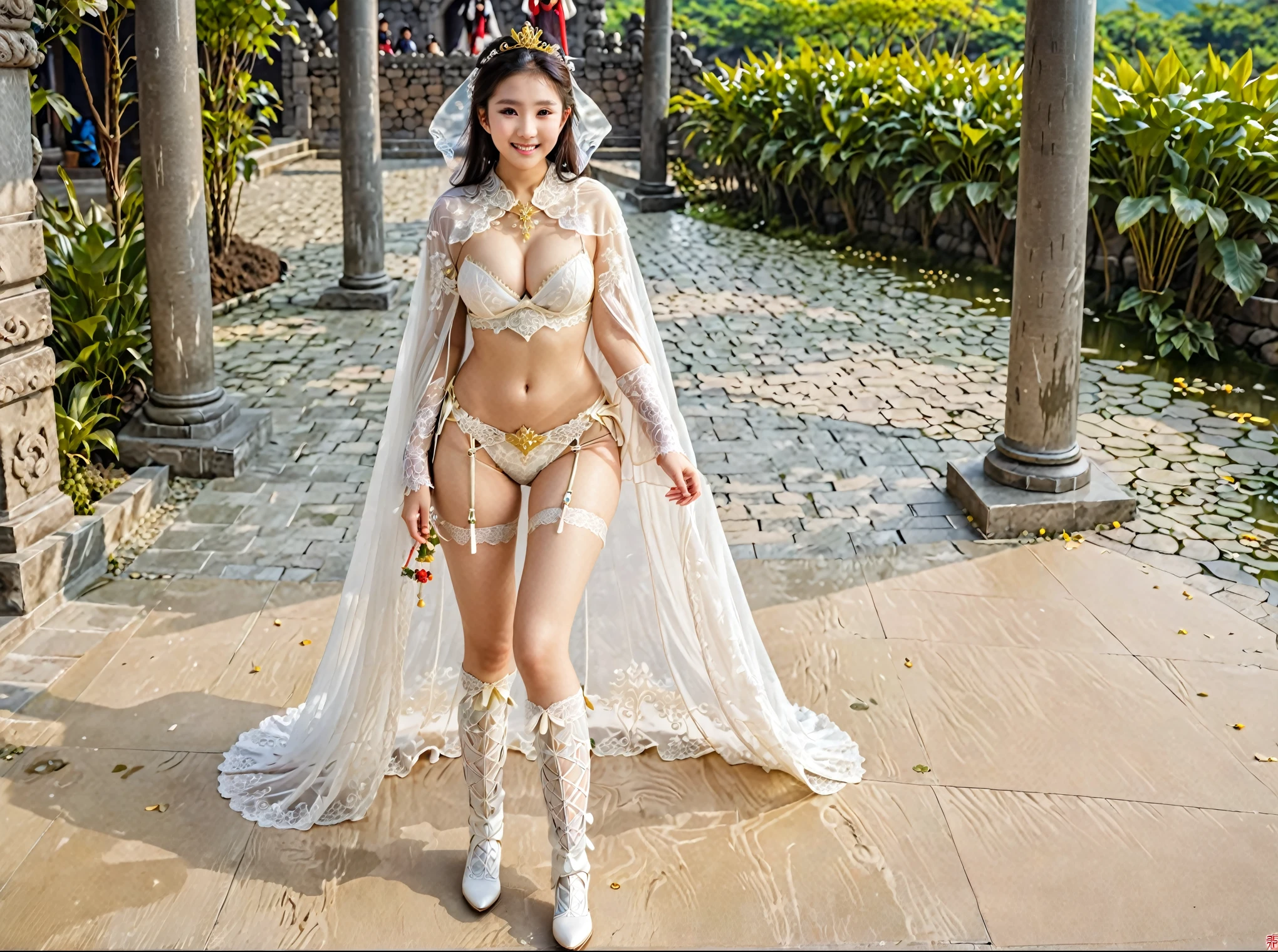 Lustful eyes, Smile, Sexy golden white bikini underwear armor，Lace lingerie, Lace panties, long legged girl, Put on white boots, ,full body xianxia, Huge breasts，Wearing a crown，Lustful princess knight, fantasy服装, Put on a cape, Lace cape，穿着fantasy服装, Real 8000g，Impeccable，masterpiece，Professional artwork，masterpiece，Light，Movie Bloom，Perfect face，Pretty Face，fantasy，Dreamy and magical，not real，Intricate details，beautiful pattern
