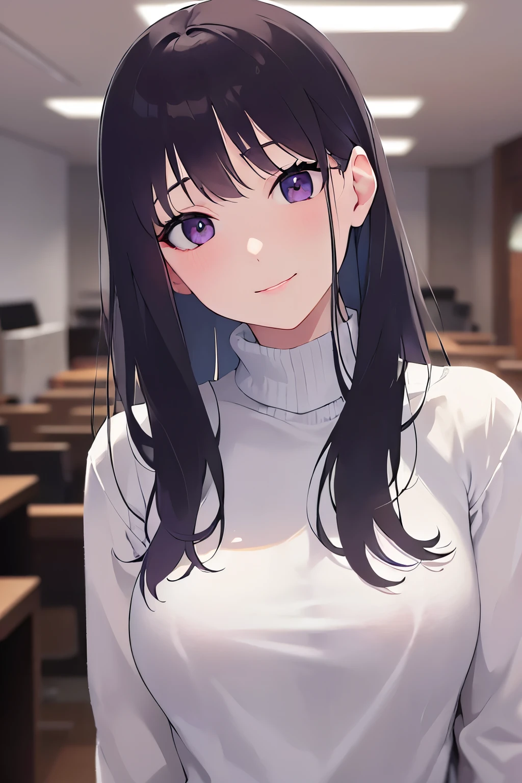 upper body、head tilt、Real person, (Pale skin: 1.2), RAW Photos, Realistic, Shiny skin, Shiny Hair、(A 25-year-old woman with straight hair and bangs) and (medium hair) and (black hair) and (purple eyes) , in white turtleneck shirt, smile, The background is the office、Are standing