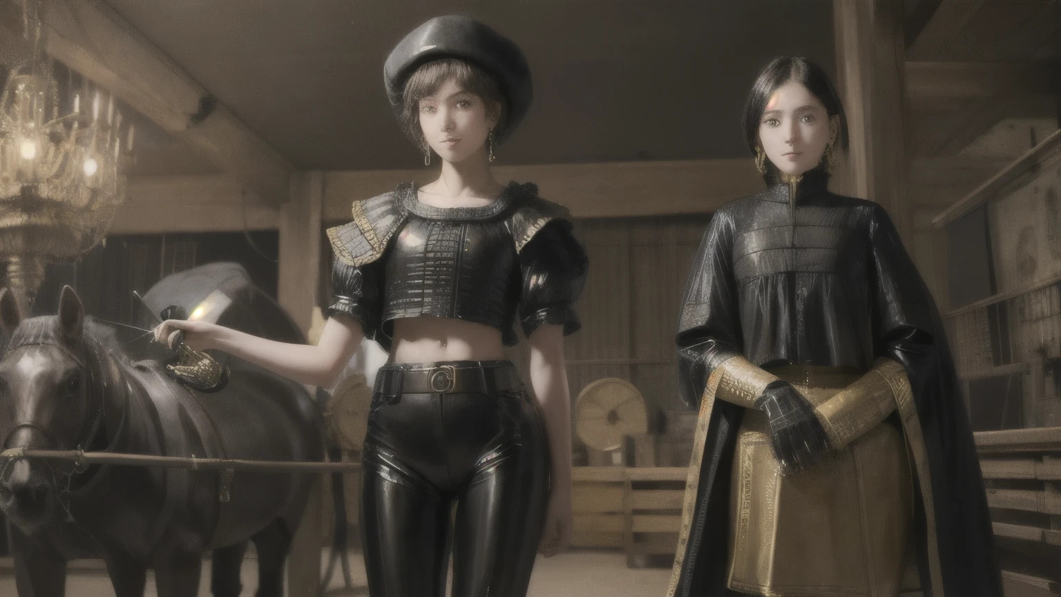 223 Short Hair, 20-year-old woman, A kind smile, (Luxurious stables), (Rembrandt-style painting), ((machinery suit,Clothes with short sleeves)),I can see your abs