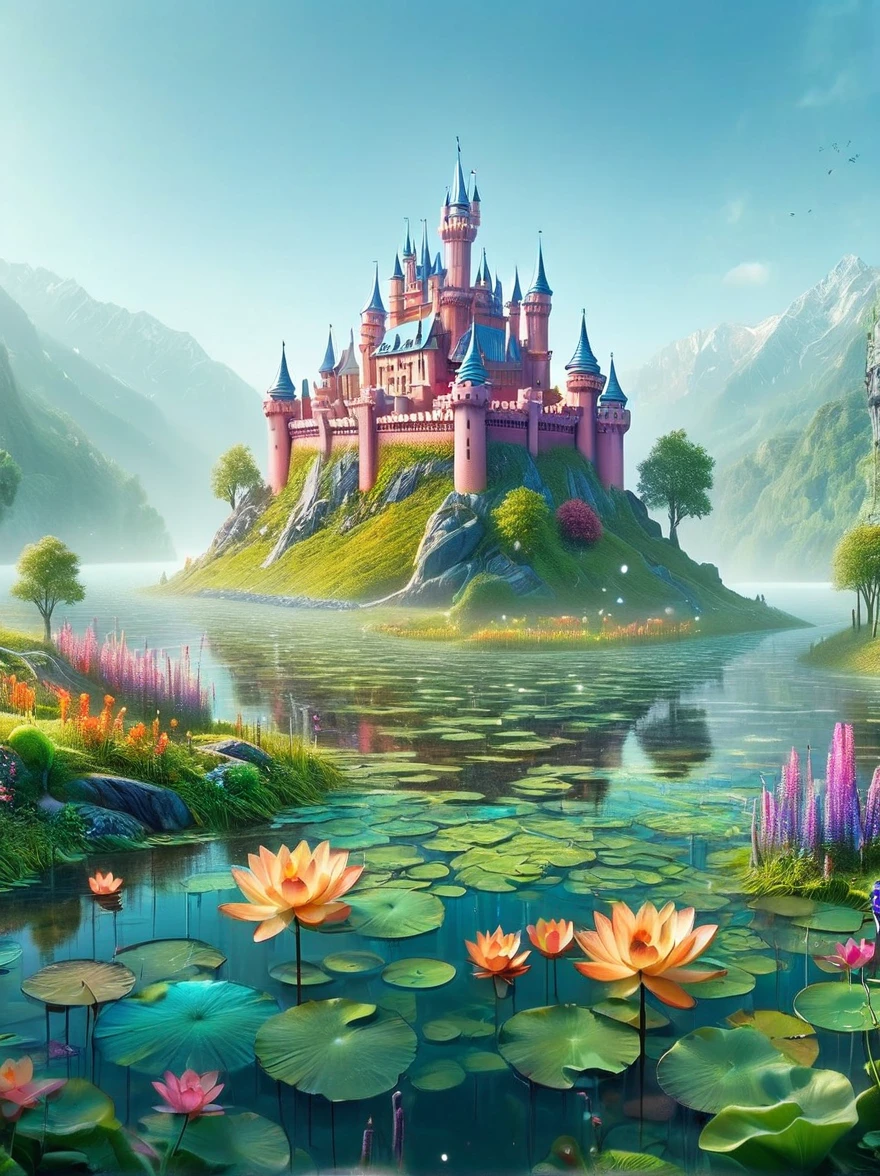 (A mysterious dream castle:1.5), Dreams，Psychedelic，Neon light，In dreams，A hidden lake，Bright colors，A Glowing Feast，Add a unique character emitting the ethereal aura of a fantasy creature by the water。Wide angle lens，Make it panoramic，Showcasing stunning castle woodland scenery，This magical scene is full of the essence of the fantasy world。