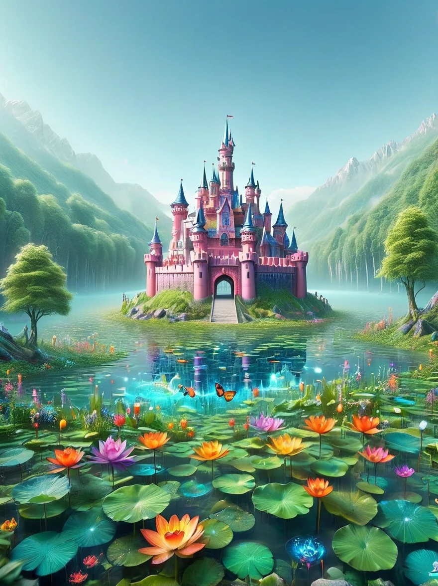 (A mysterious dream castle:1.5), Dreams，Psychedelic，Neon light，In dreams，A hidden lake，Bright colors，A Glowing Feast，Add a unique character emitting the ethereal aura of a fantasy creature by the water。Wide angle lens，Make it panoramic，Showcasing stunning castle woodland scenery，This magical scene is full of the essence of the fantasy world。