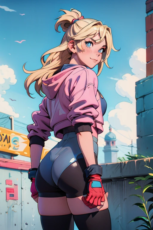1 masterpiece, 1 girl, blonde hair, medium hair, aquamarine eyes, medium breasts, thighs, thick thighs, wide hips, butt, focus on butt, ass, covered anus, naughty face, nervous smile, blush, sweat, black gloves, black knee pads, blue sweatshirt, clothing,bicycle shorts, cameltoe, pantylines, fingerless gloves, gloves, hoodie, knee pads, pink and blue sneakers, open jacket, open jacket, pink and blue sneakers, tight clothing, view from behind, looking back, looking at viewer, assertive woman, female focus, squating, leaning forward, legs, oppen legs, guard combat pose, public indecency, blue sky, day, comic style, comic panels, anime style, sign, spanish lettering, thought balloon, spanish letters, " chanfle "
