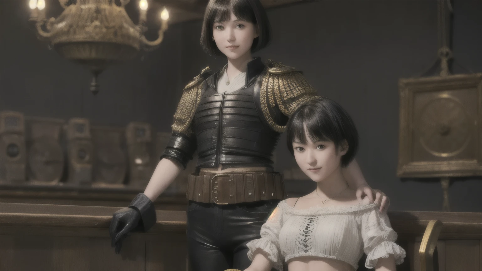 223 Short Hair, 20-year-old woman, A kind smile, (Luxurious stables), (Rembrandt-style painting), ((machinery suit,Clothes with short sleeves)),I can see your abs