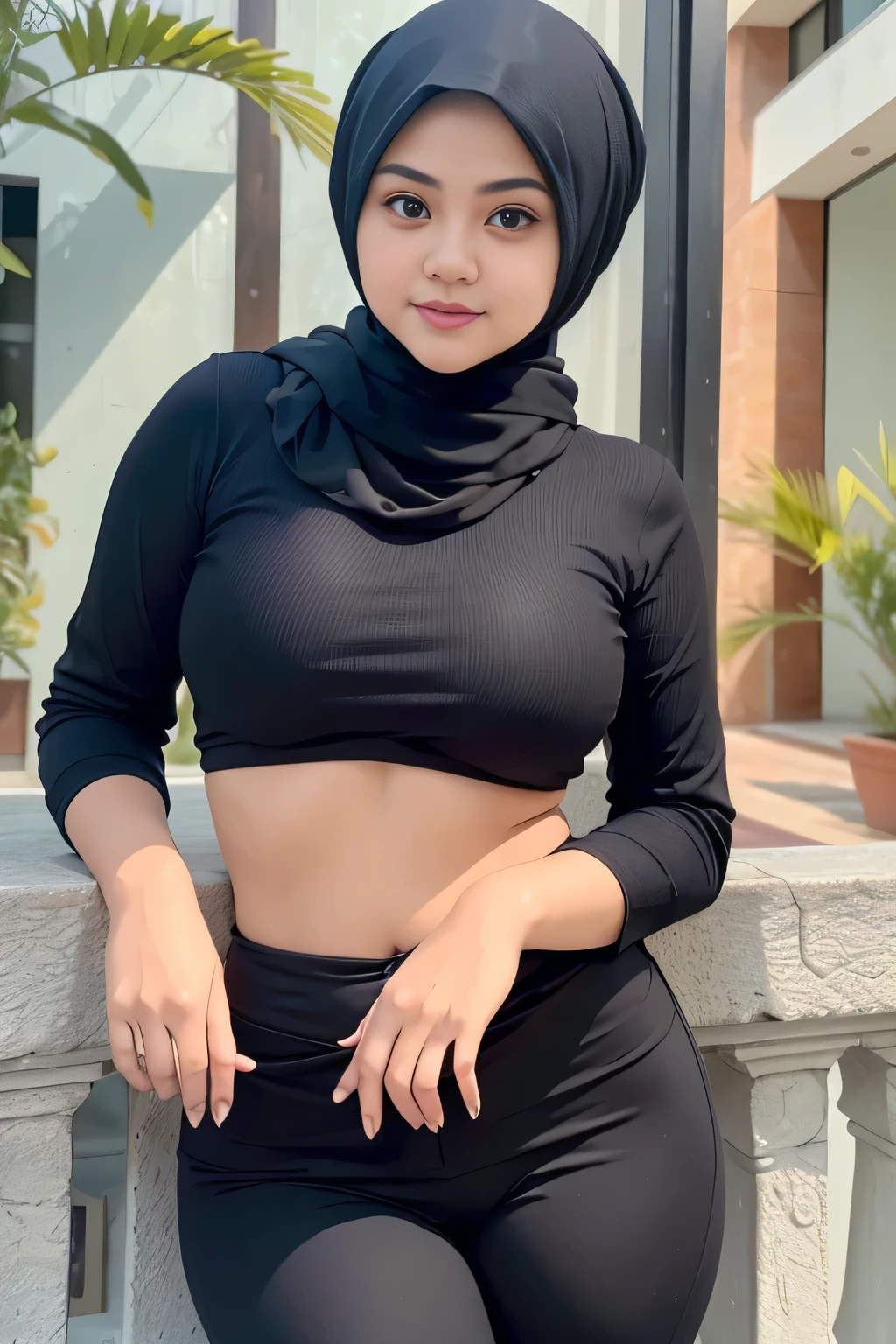 RAW, (Best quality, high resolution, work: 1.3), Beautiful Malay woman in hijab, perfect fit body, (Big breasts) , Beautiful big eyes, Soft smile, beautiful face, slightly open mouth, thick thighs, beautiful buttocks, , beautiful big eyes , gentle smile, beautiful girl, detailed face, Muslim woman in a hijab leaning on a railing, hijab, with beautiful exotic, casual pose, women full body, attractive pose, casual modern clothing, instagram post, casual photography, malaysian, monochrome, casual clothing style, beautiful girl, wearing black tight clothing, wonderful masterpiece, with lovely look, beautiful female