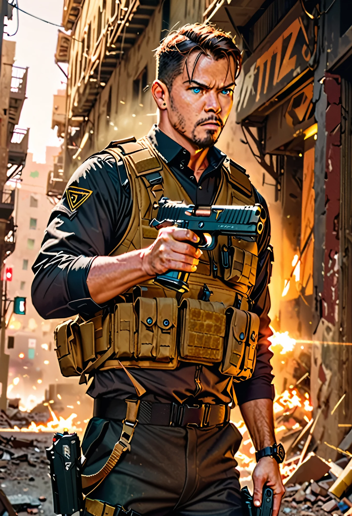 masterpiece, best quality, Soldier with dark uniform, using pistol, STI 1911, ruined background, realistic, stylish, rutkowski, goatee, brown hair, buzz hair, blue eyes, tactical vest, intricate details, hyperdetailed, cinematic, rim light, danger atmosphere, perfect hands.