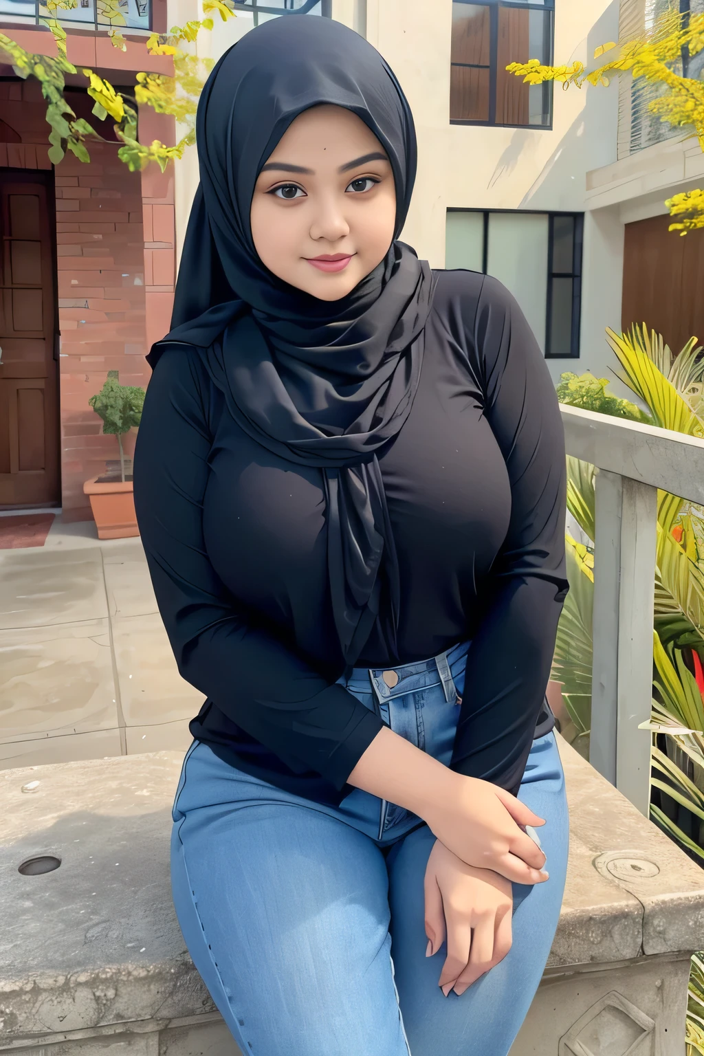 RAW, (Best quality, high resolution, work: 1.3), Beautiful Malay woman in hijab, perfect fit body, (Big breasts) , Beautiful big eyes, Soft smile, beautiful face, slightly open mouth, thick thighs, beautiful buttocks, , beautiful big eyes , gentle smile, beautiful girl, detailed face, Muslim woman in a hijab leaning on a railing, hijab, with beautiful exotic, casual pose, women full body, attractive pose, casual modern clothing, instagram post, casual photography, malaysian, monochrome, casual clothing style, beautiful girl, wearing black tight clothing, wonderful masterpiece, with lovely look, beautiful female 