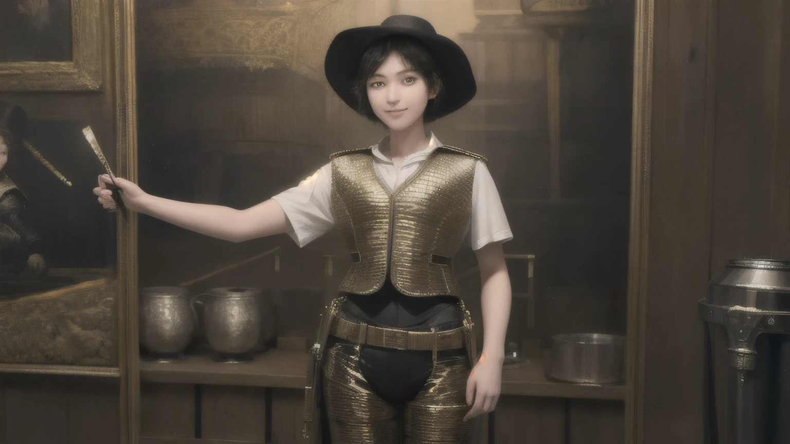 223 Short Hair, 20-year-old woman, A kind smile, (Luxurious stables), (Rembrandt-style painting), ((machinery suit,Clothes with short sleeves)),I can see your abs